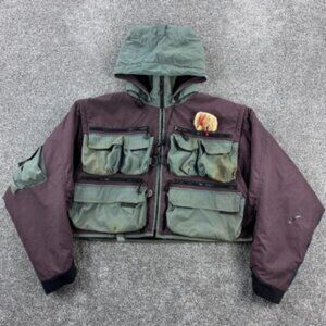 Vintage 80s Fenwick Fly Fishing Jacket Mens XL Plum Green Cropped Wading Pockets